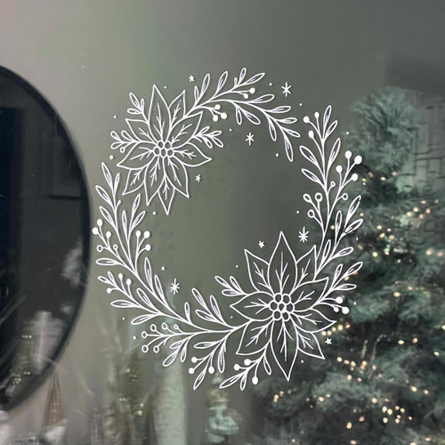 window art with hand drawn christmas wreath stencil and chalk paste