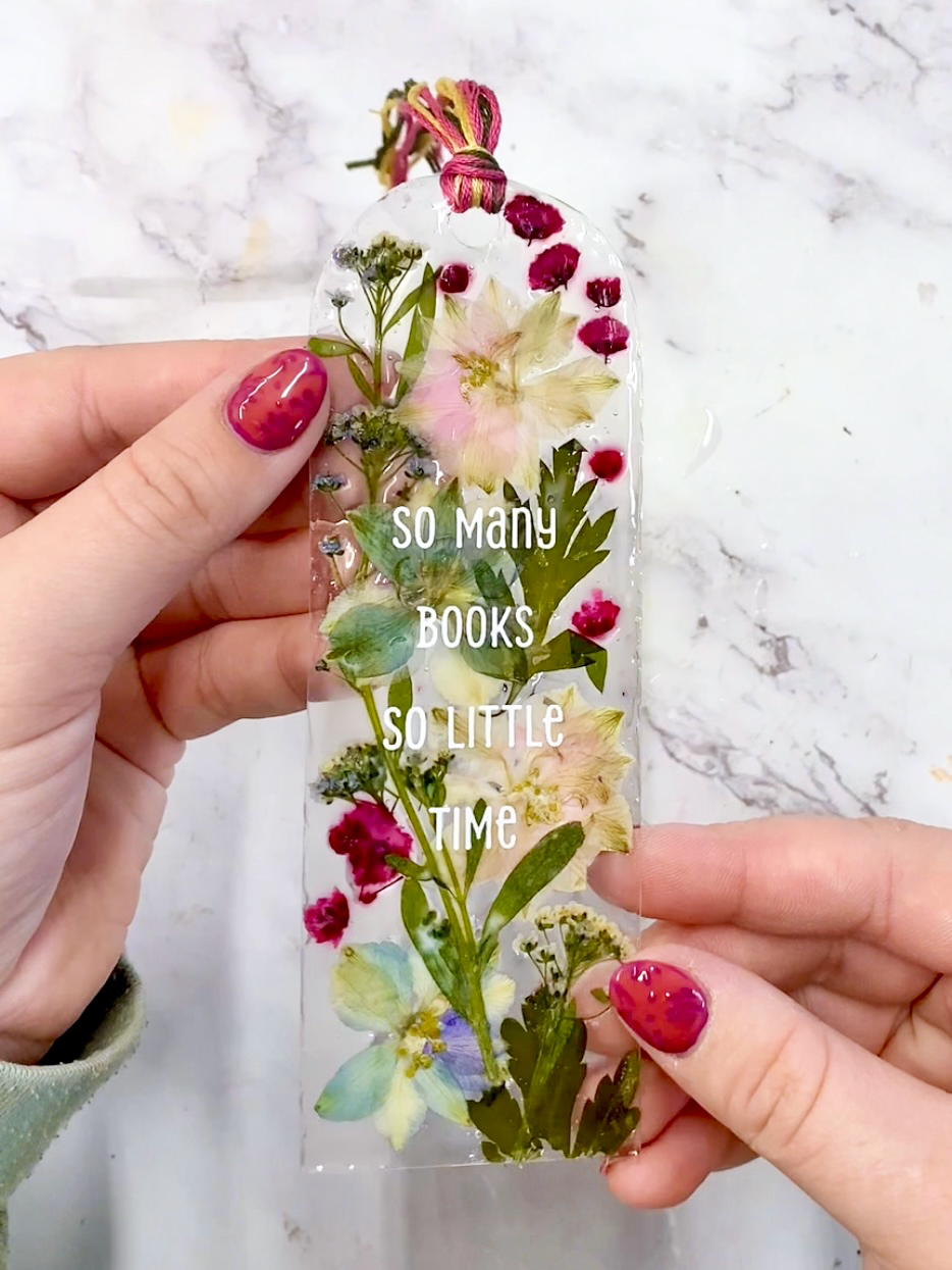 Clear pressed flower bookmark with quote made with Ikonart stencil