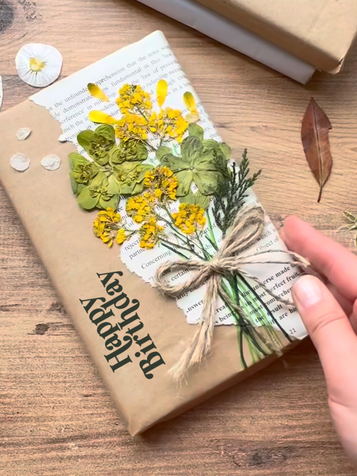 Custom Happy Birthday gift wrap with pressed flowers and Ikonart stencil lettering