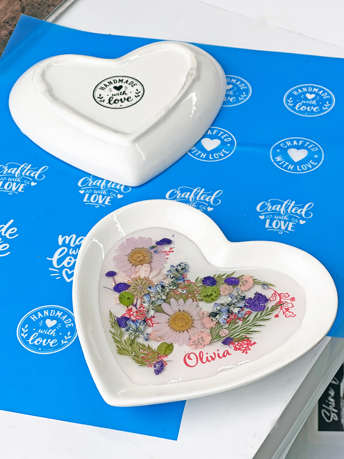 Heart trinket dish with pressed flowers and personalized Ikonart stencil design