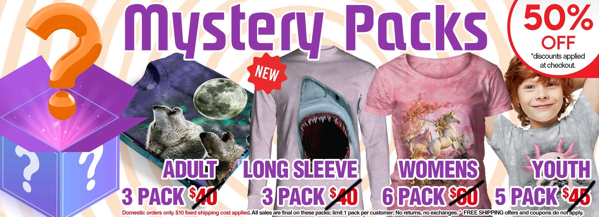 50% OFF All Mystery Packs. NEW Long Sleeve 3 Pack, Adult 3 Pack, Womens 6 Pack &amp; Youth 5 Pack!