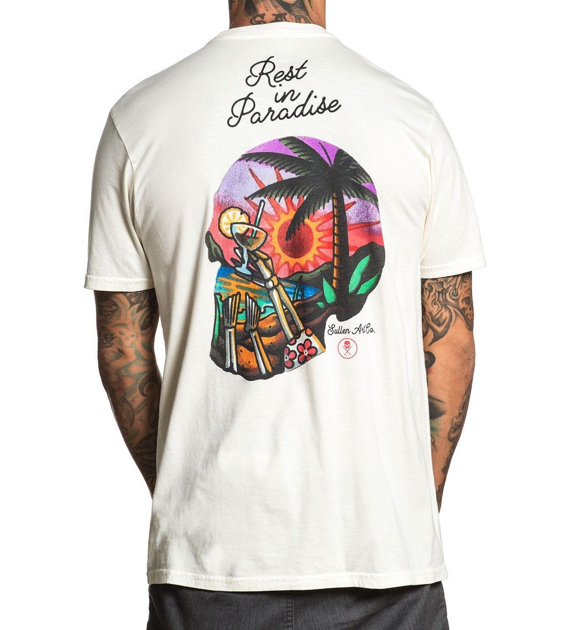 Sullen Art Clothing Paradise Skull Palm Trees Beach Tattoos Tee Shirt  SCM1886