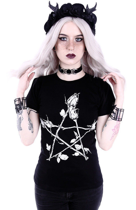Restyle Rose Pentagram Gothic Blouse Punk Emo Rocker Womens T Tee
