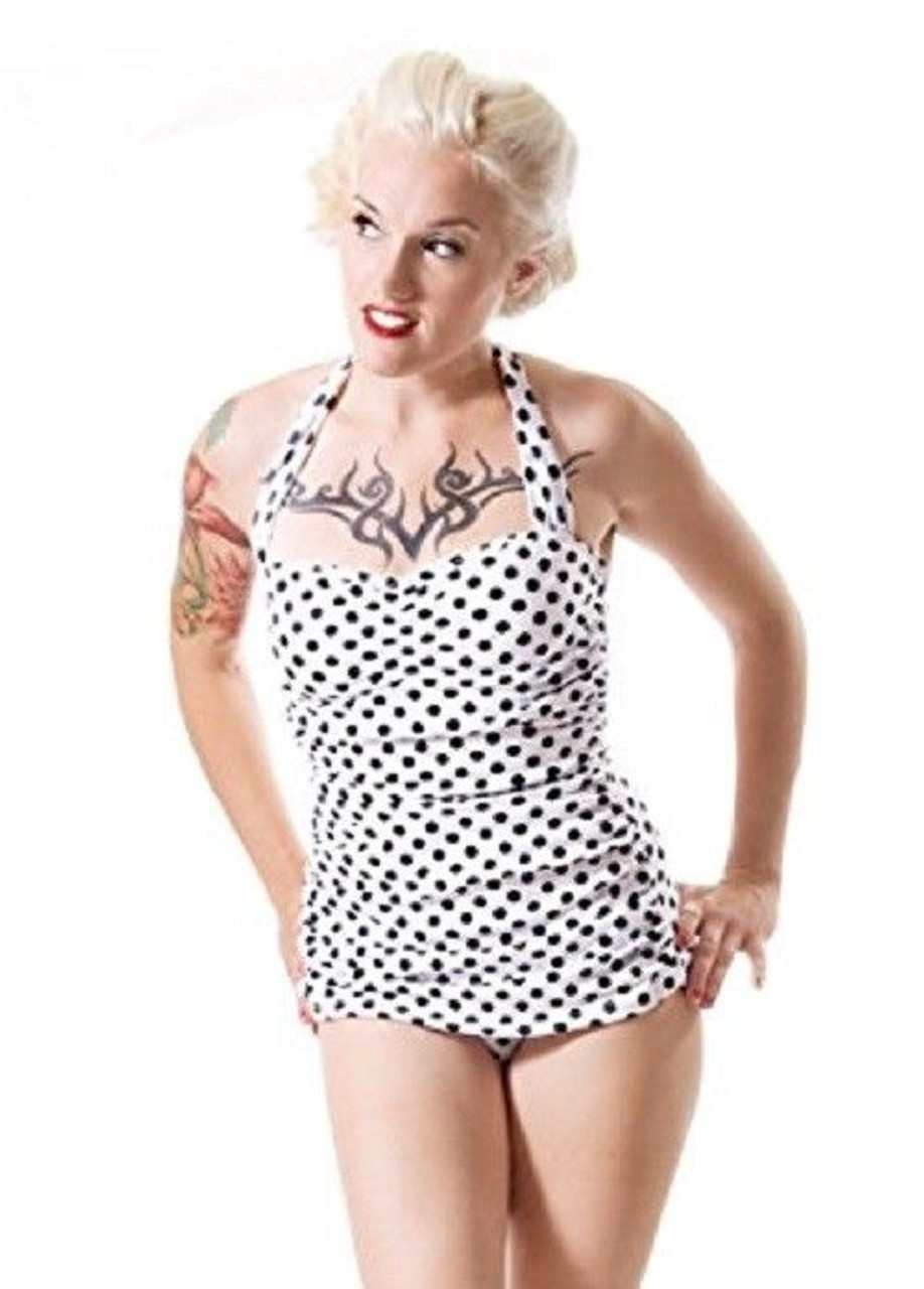 Esther Williams Classic Sheath White Polka Dot Pinup Retro Swimsuit One Piece Fearless Apparel