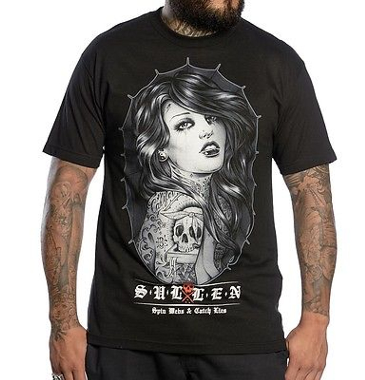 CLOTHING SPINNING WEBS PIN UP GIRL TATTOO GOTH INK BLK T SHIRT S-5XL - Fearless Apparel