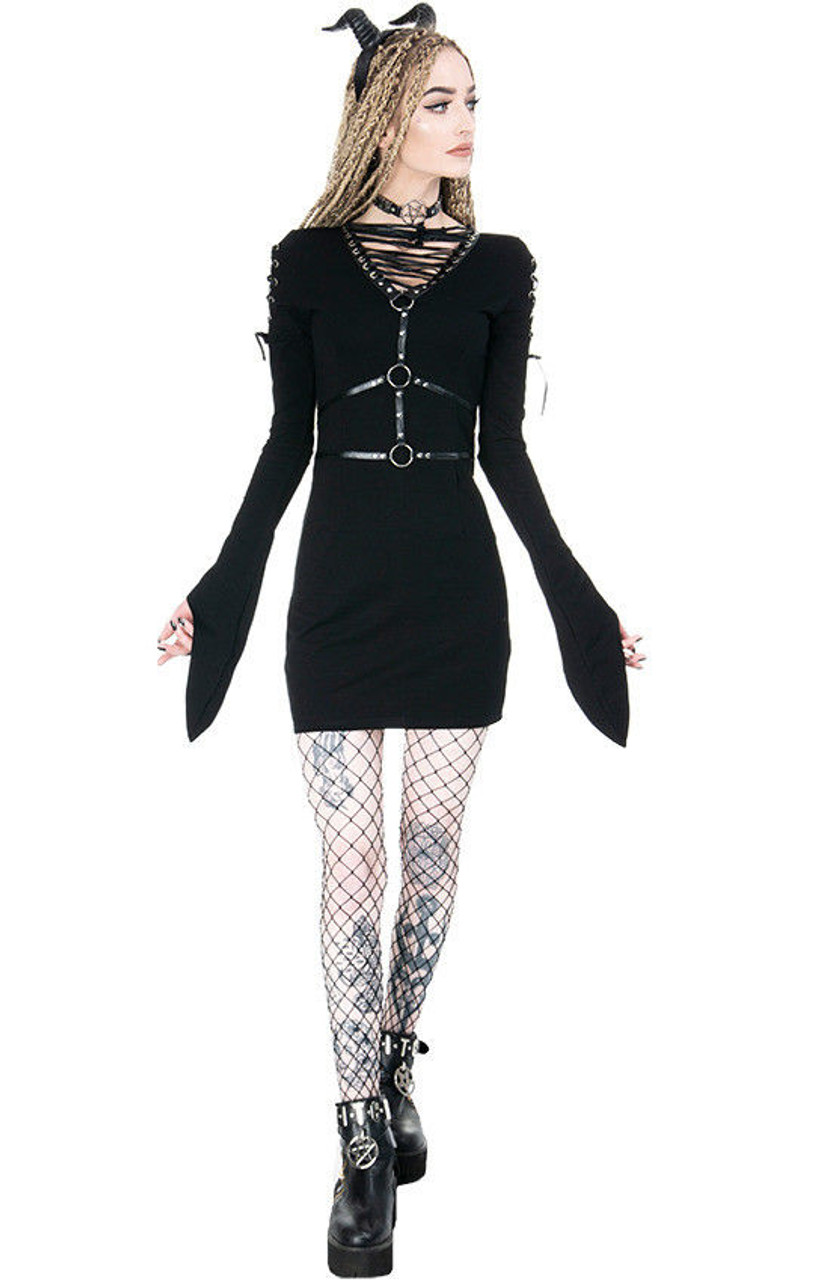 Restyle Venom Black Gothic Punk Emo Occult Witch Harness Corset Lacing  Dress - Fearless Apparel