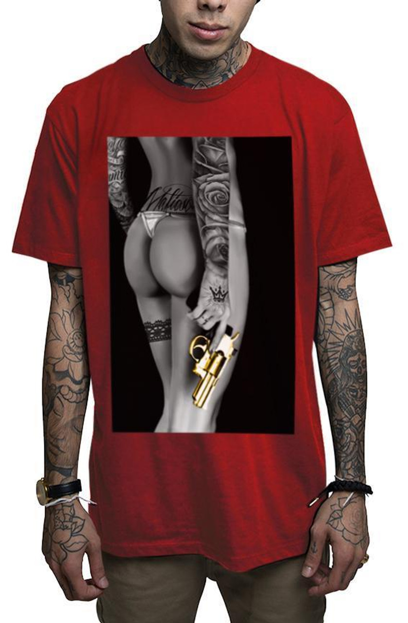 Mafioso Goldie Revolver Guns Weapons Sexy Tattooed Naked Woman Urban Red T  Shirt