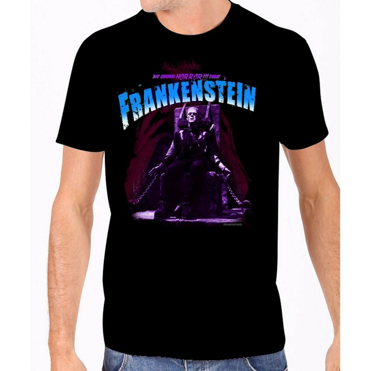 Universal Monsters Frankenstein Blue Electric Chair Goth T Shirt