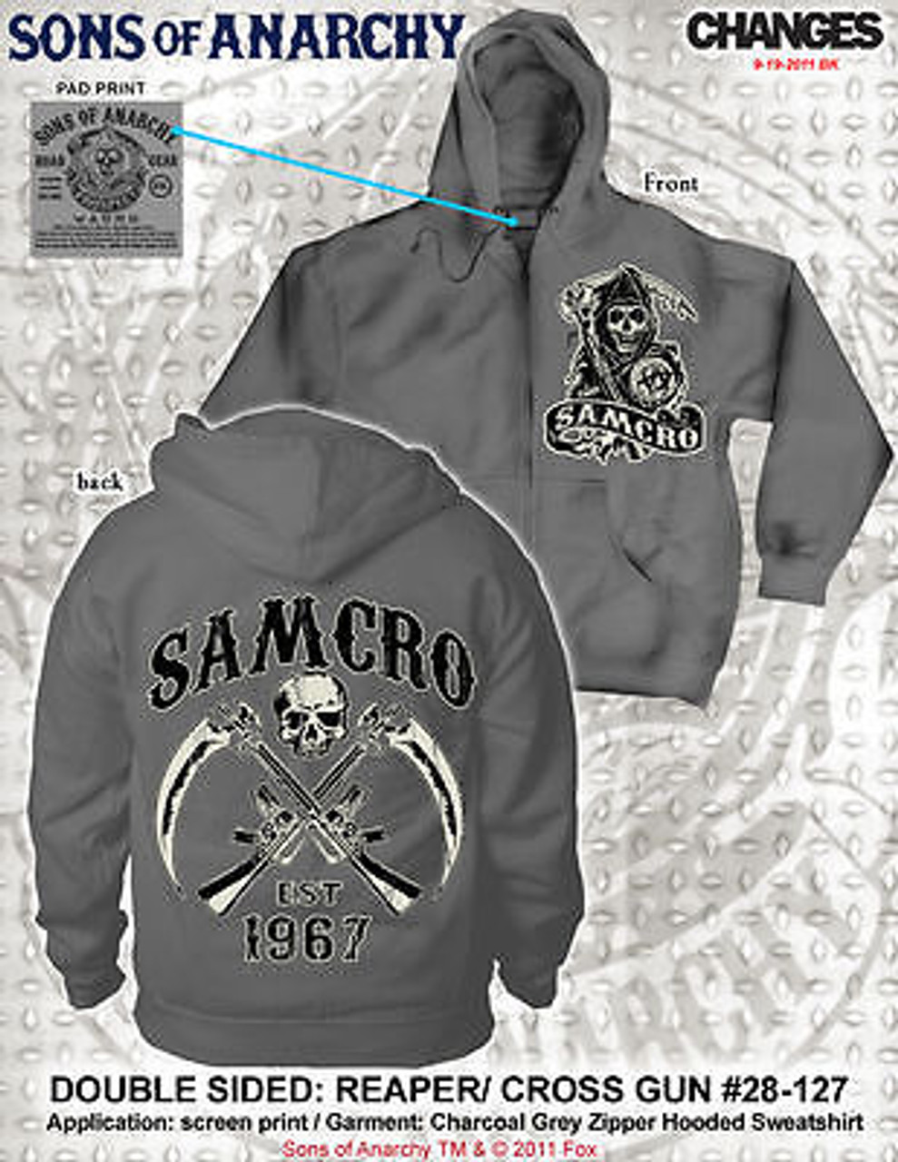 RARE SONS OF ANARCHY SOA SAMCRO CROSSED GUNS CHARCOAL SICKLE REAPER HOODIE  S-3XL