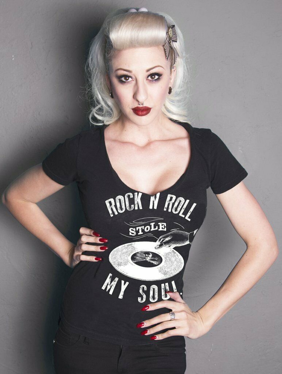 Se7en Deadly Rock N Roll Stole My Soul Vinyl Gothic Punk V Neck T