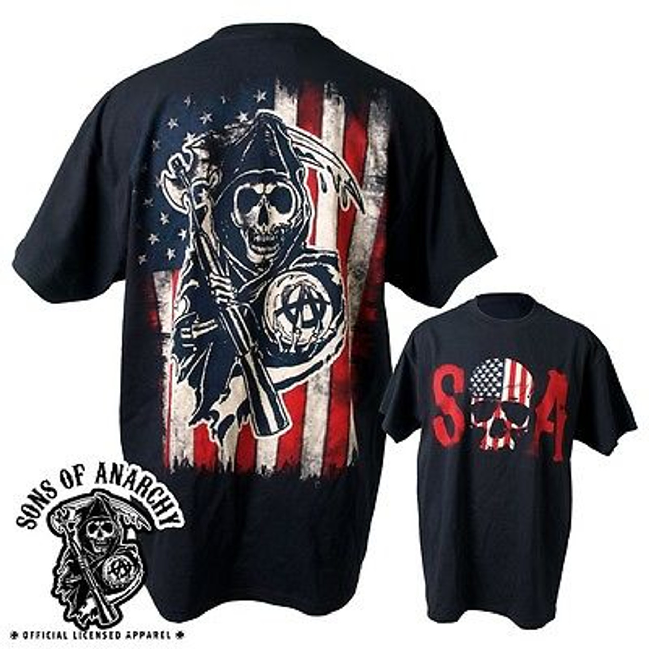 SONS OF ANARCHY SKULL LOGO AMERICAN FLAG SOA BIKER REAPER SAMCRO TEE SHIRT  S-3XL