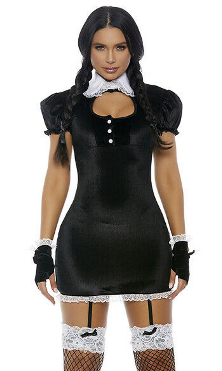 Womens Casual Black Mini Dress Wednesday Addams Halloween Party Costume Fancy Dress