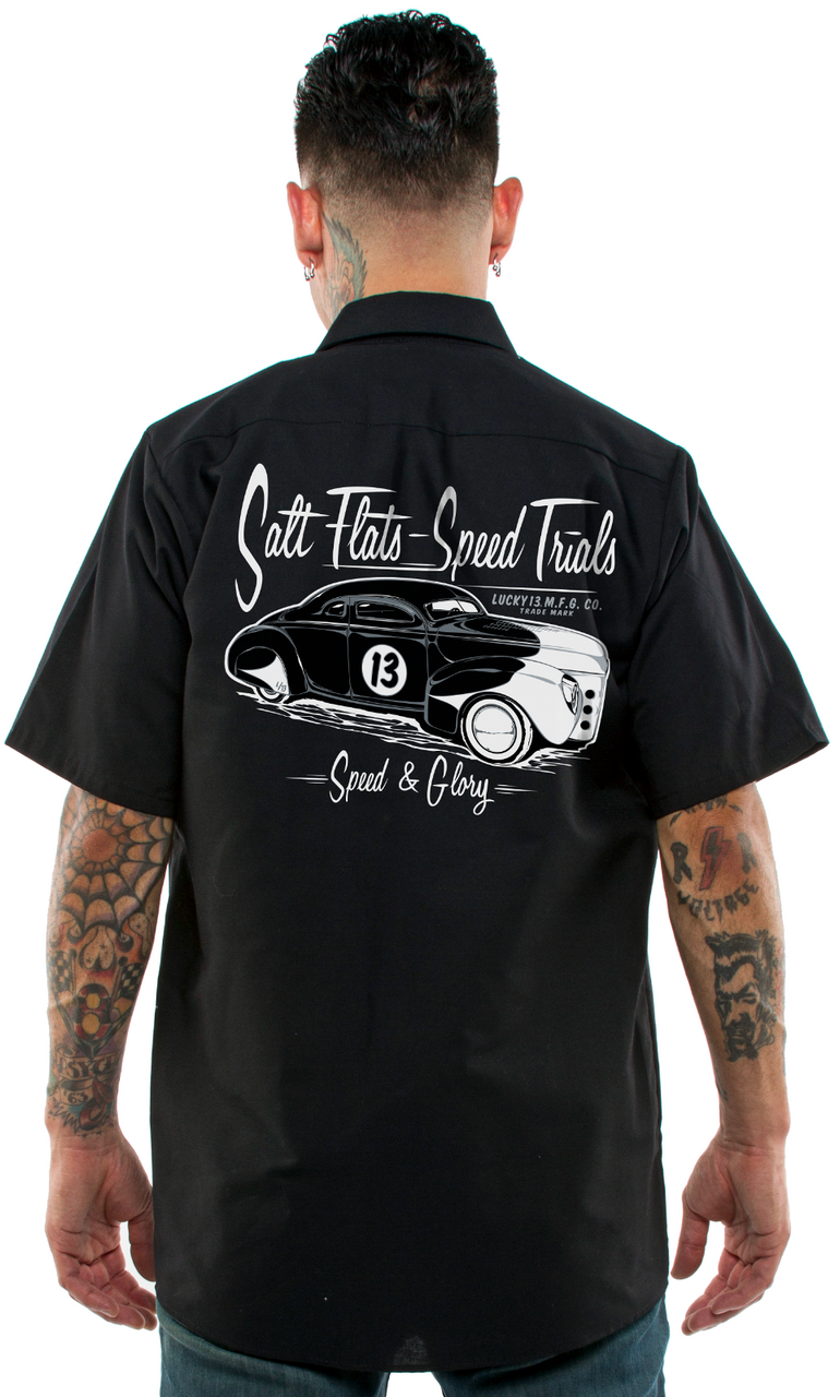Lucky 13 Salt Flats Speed Trials Cars Tattoos Button Down Work Shirt ...