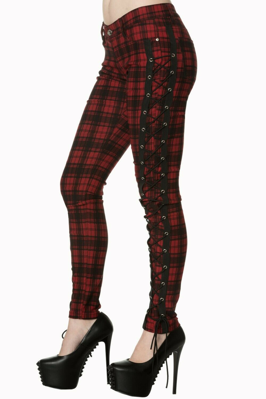 Hell Bunny Storm Check Punk Retro Checkered Tartan Womens Skinny Trousers  Pants - Grey (XS) at Amazon Women's Clothing store