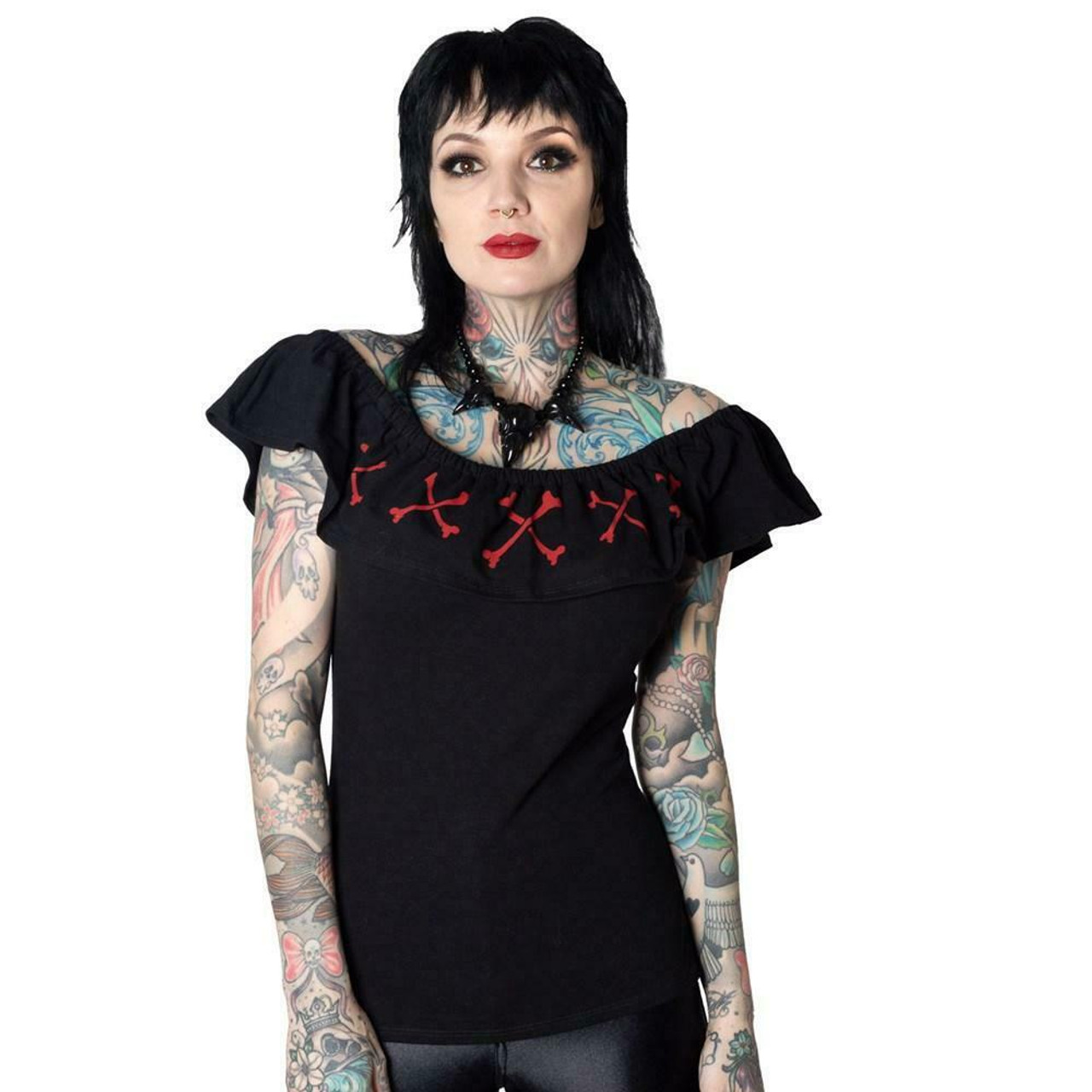 Kreepsville 666 Crossbones Skull Gothic Punk Horror Ruffle Top