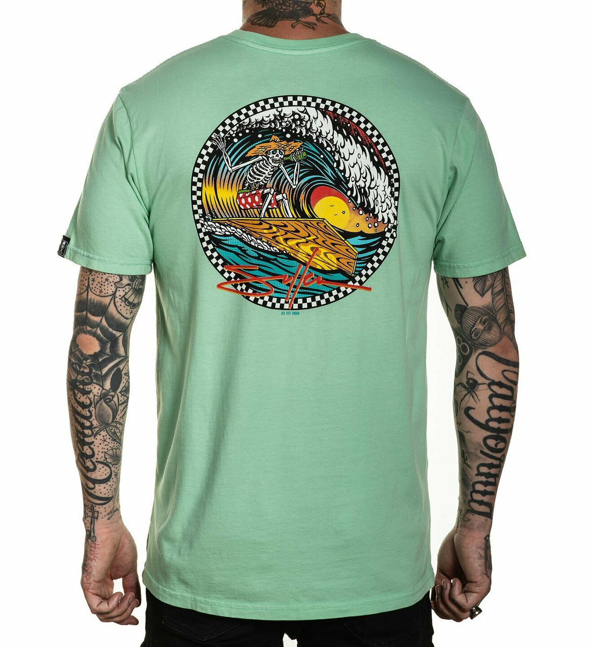 Sullen Pitted Skeleton Surfing Skull Beach Waves Tattoos Retro T