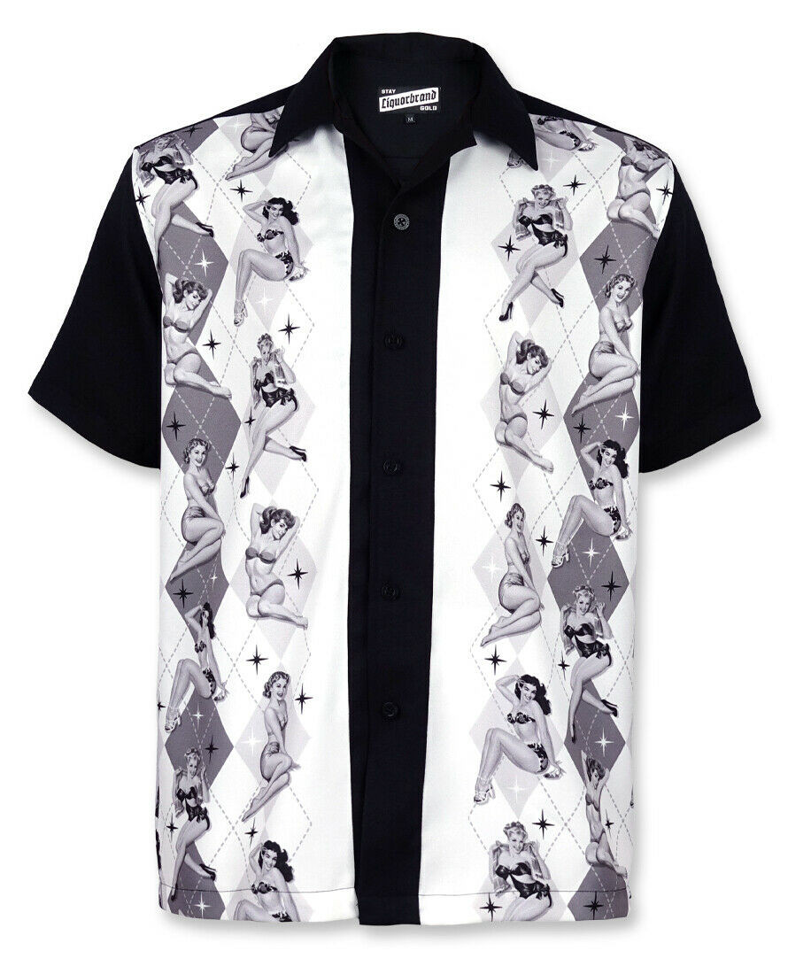 Liquor Brand Vegas Pinup Models Diamonds Rockabilly Bowling Shirt
