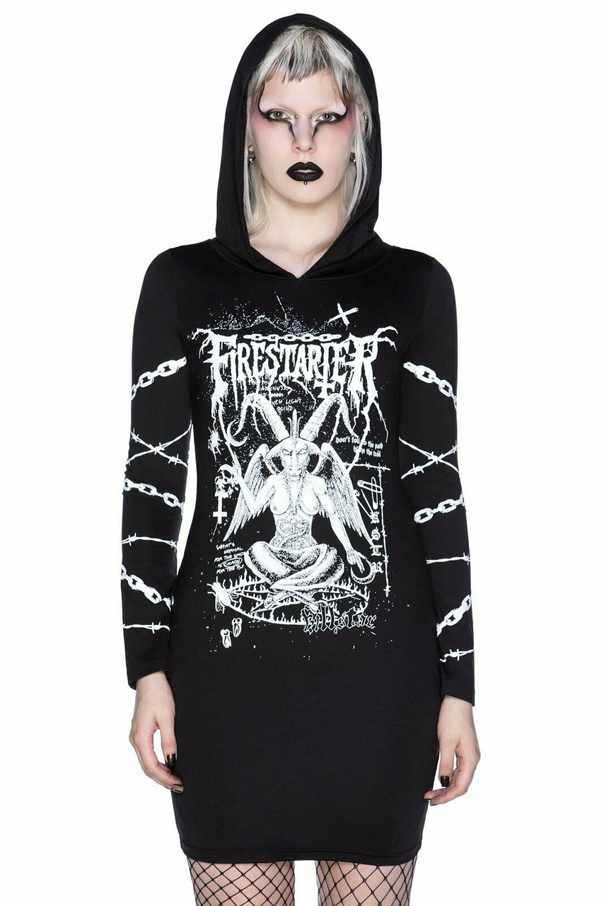 Killstar Firestarter Baphomet Satanic Gothic Punk Chains Hooded Dress  KSRA002520 - Fearless Apparel