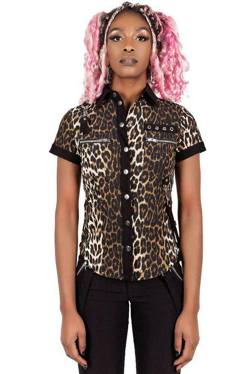 Killstar Cat Meow Leopard Print Punk Gothic Button Up Shirt Blouse