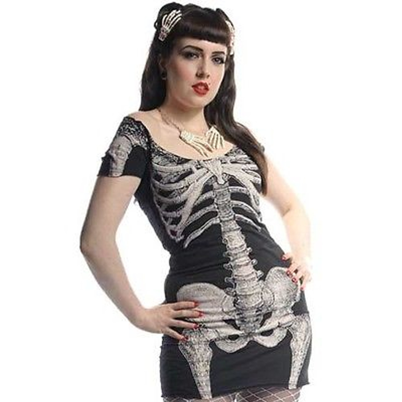 【おトク】 WHITE 666 KREEPSVILLE SKELETON SKULL GOTH PUNK DRESS TUNIC トップス