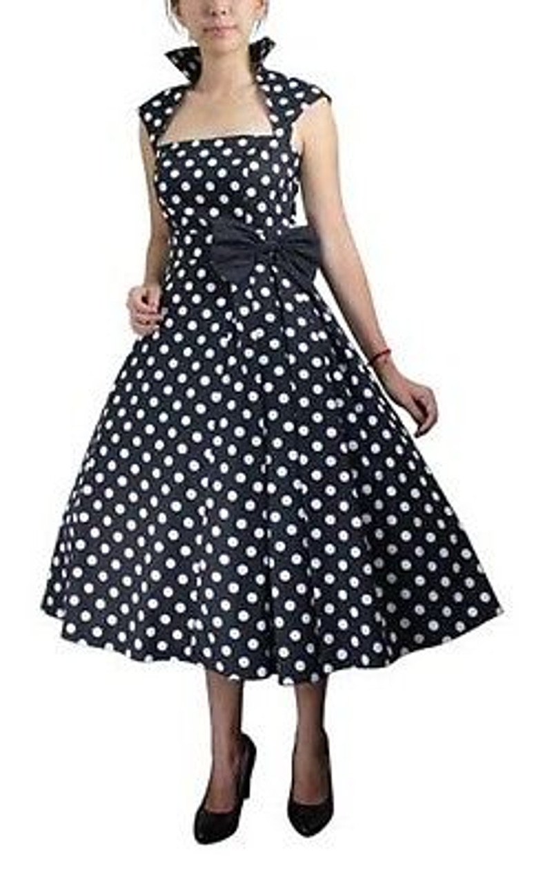 BLACK WHITE POLKA DOT BELTED PLEAT DRESS WITH BOW RETRO VINTAGE