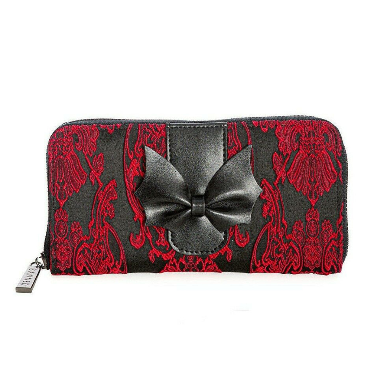 Lost Queen Maplesage Bat Bow Gothic Flocked Victorian Red Wallet WT41067RED