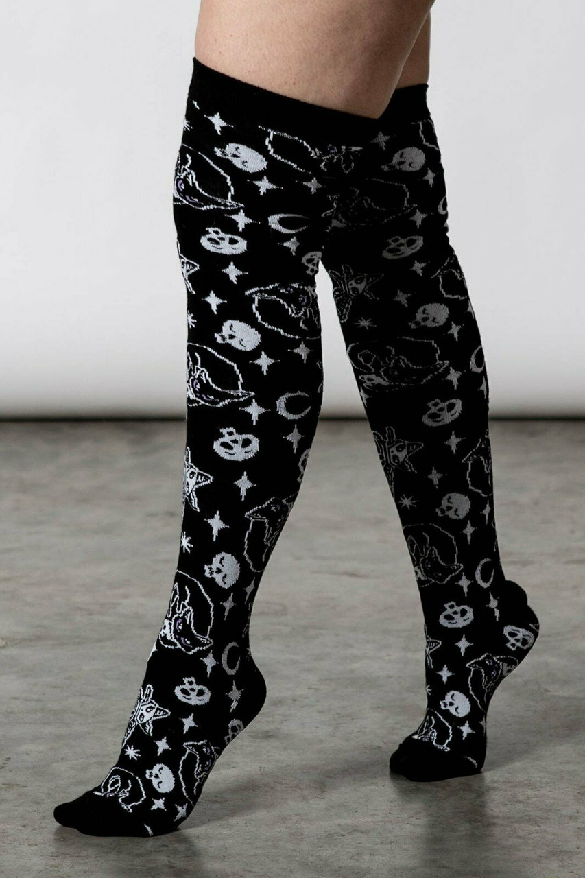 Killstar Purr Off Knee High Thigh Goth Punk Kittens Cat Skull Socks KSRA004587