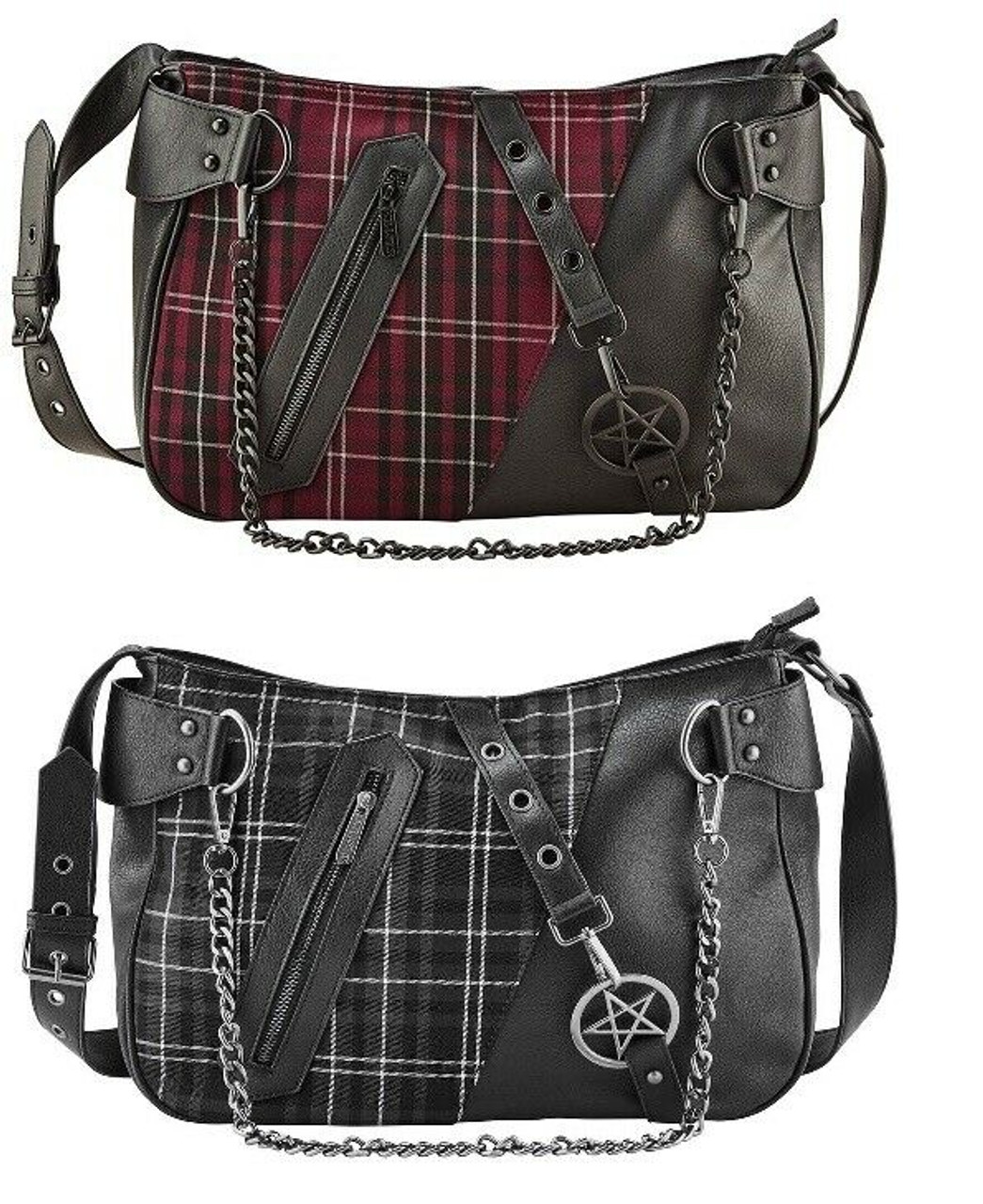 Killstar Harley Chain Pentagram Tartan Gothic Punk Purse Shoulder Bag KSRA003939 - Blood Tartan