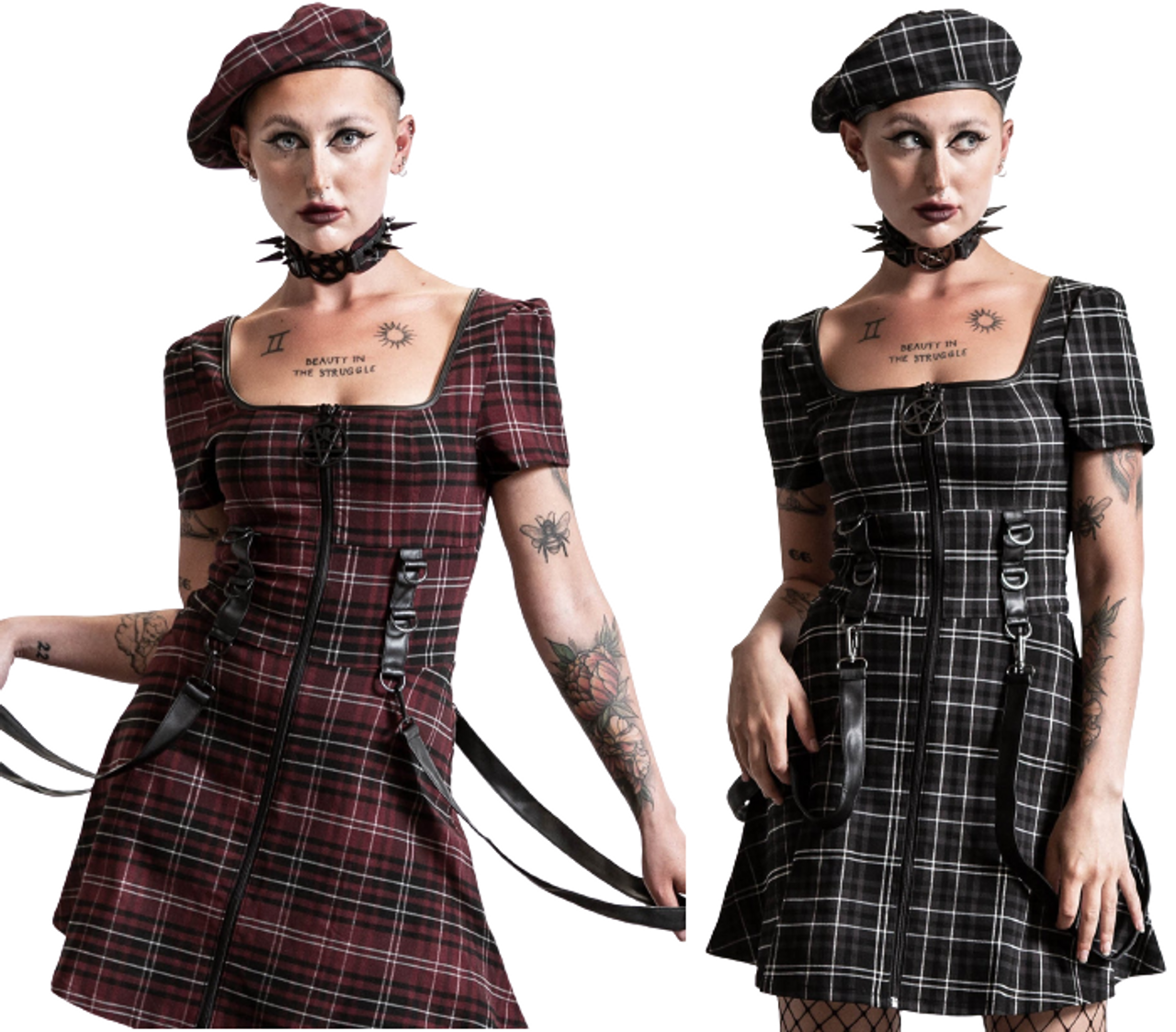 Killstar Grave Rebellion Strappy Zip Up Goth Punk Plaid Tartan Dress  KSRA00396G - Fearless Apparel