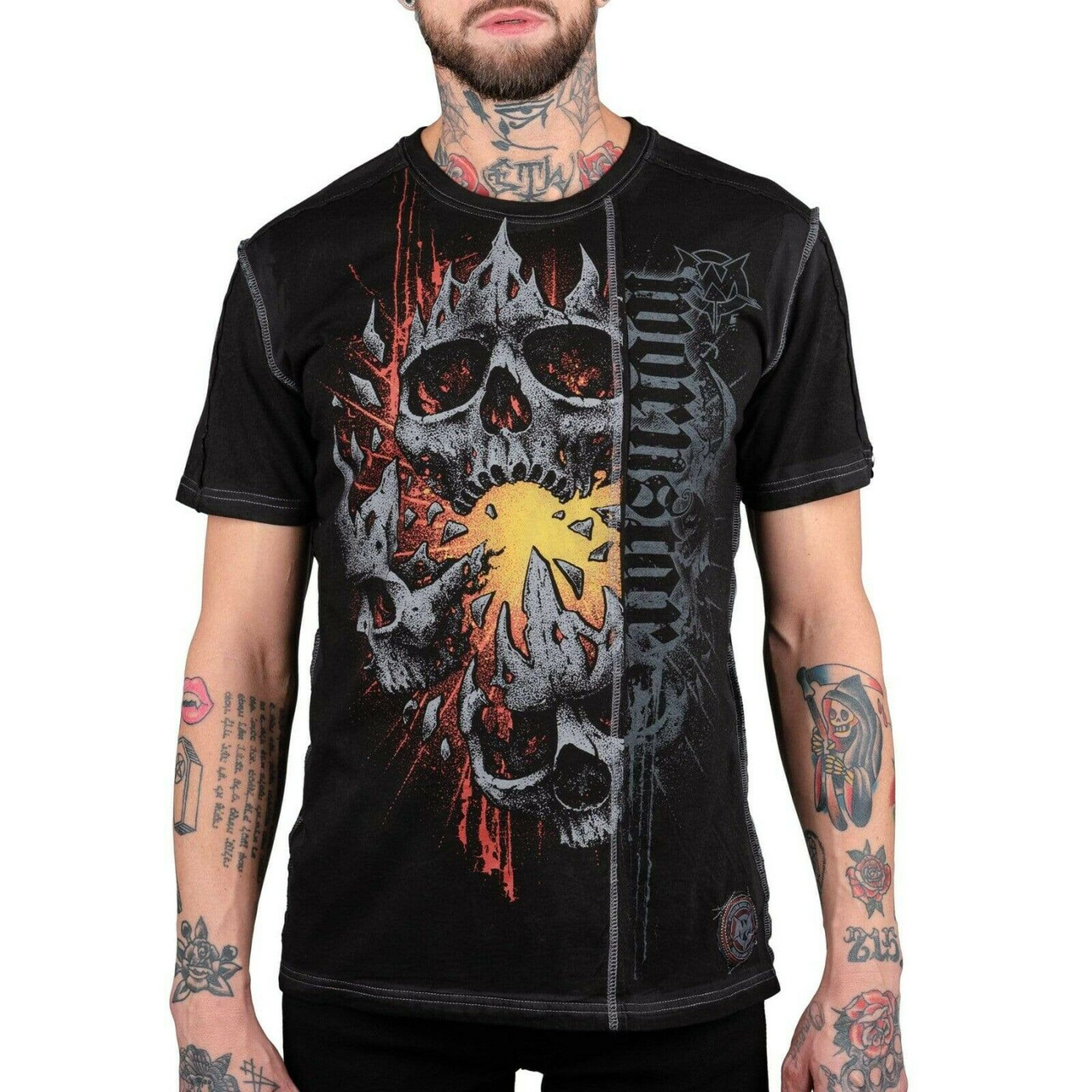 Wornstar Clothing Eruption Rock And Roll Skull Biker Flame T-Shirt - Fearless Apparel