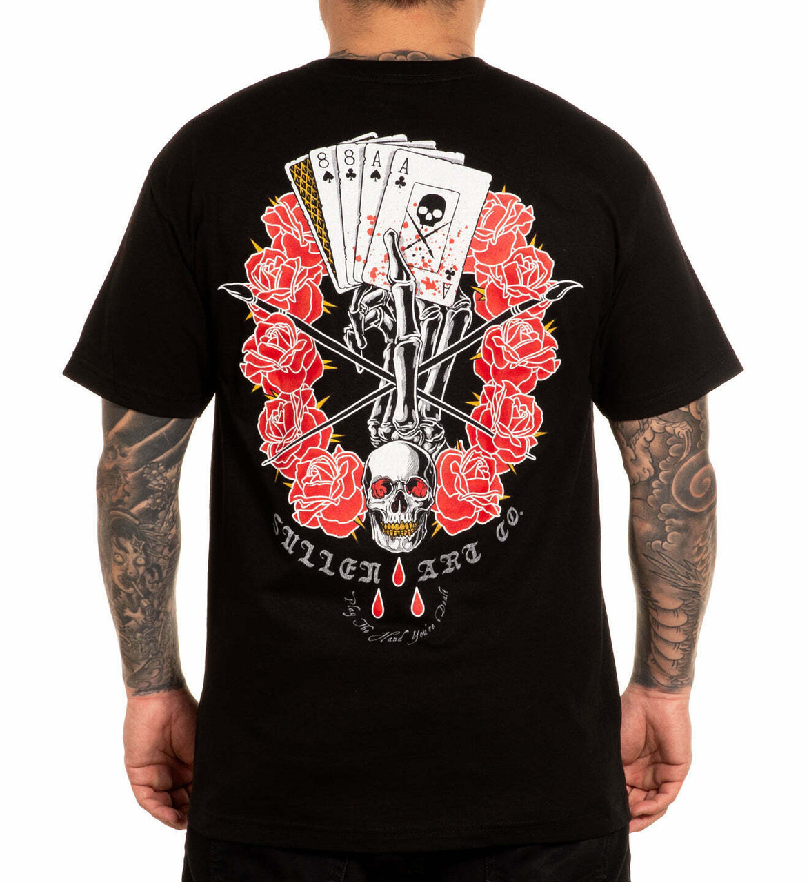 Sullen Death Dealer Roses Skulls Cross Paintbrush Gamble Tattoo Tee  SCM4225-BLK