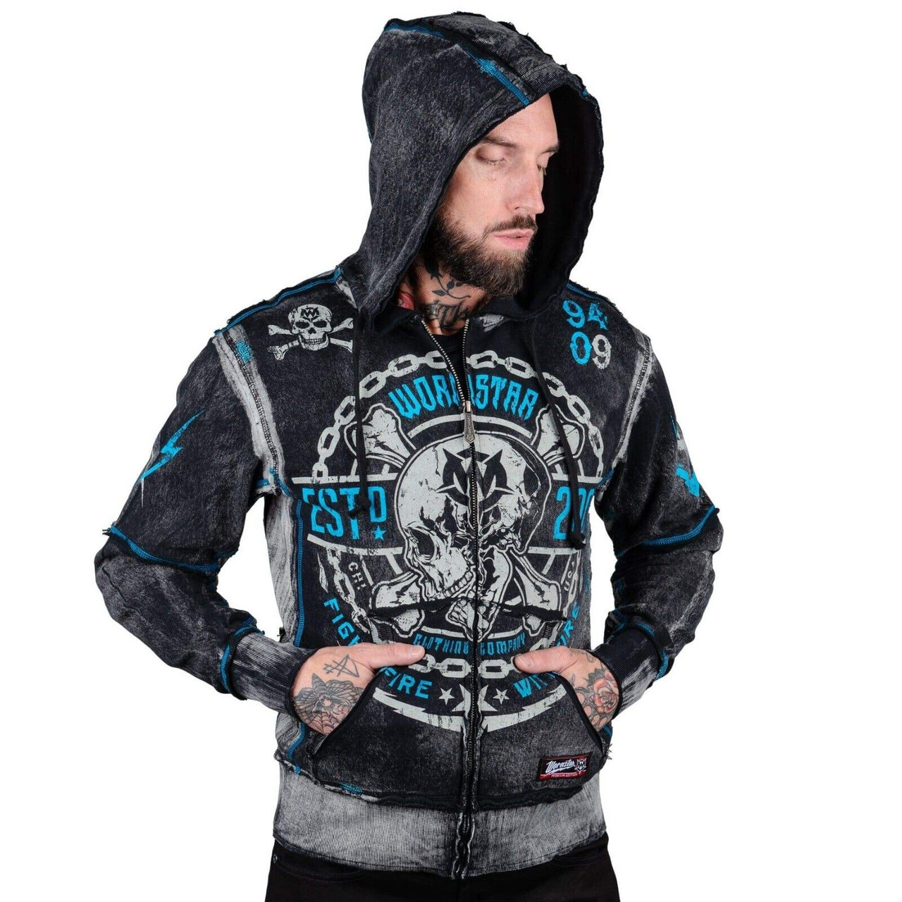 Wornstar Clothing Fight Fire with Fire Skull Crossbone Mens Fitted Zip Up  Hoodie