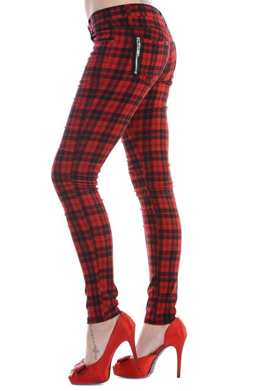 Men Punk Jeans Trendy Scotland Plaid Tartan Black Denim Pants Streetwear  Rivet Patchwork Spliced Slim Straight