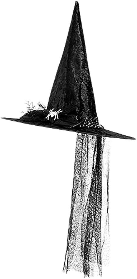 Witch Hat Feathers Spider Netting Adult Deluxe Black Halloween Costume Accessory