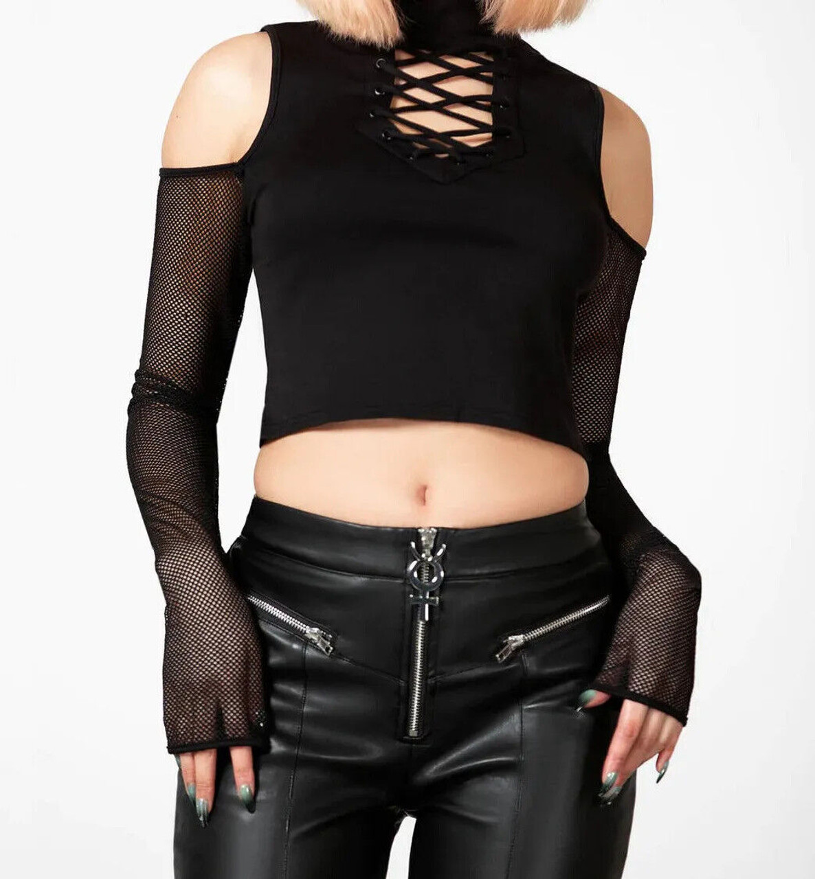 Killstar Dark Half Long Sleeve Top Black Fishnet Gothic Alternative  KSRA005091 - Fearless Apparel