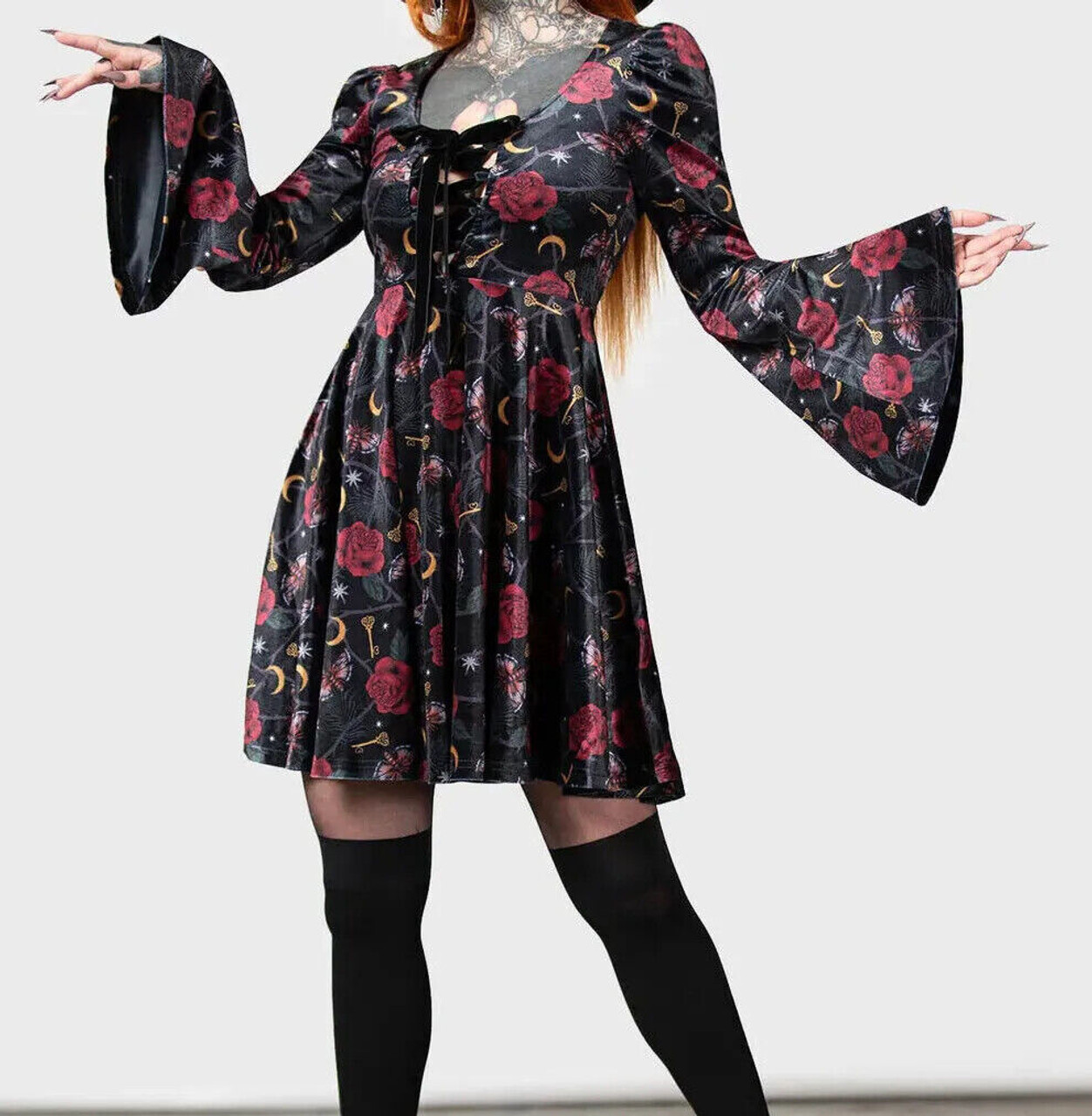 Killstar Fabulina Dress Gothic Witchy Roses Moths Keys Moon Thorns