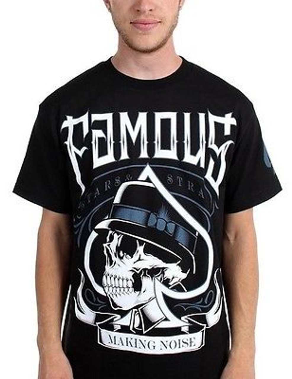 FAMOUS STARS & STRAPS SPADE TIGHT SKULL MAKING NOISE BLACK T SHIRT S-2XL