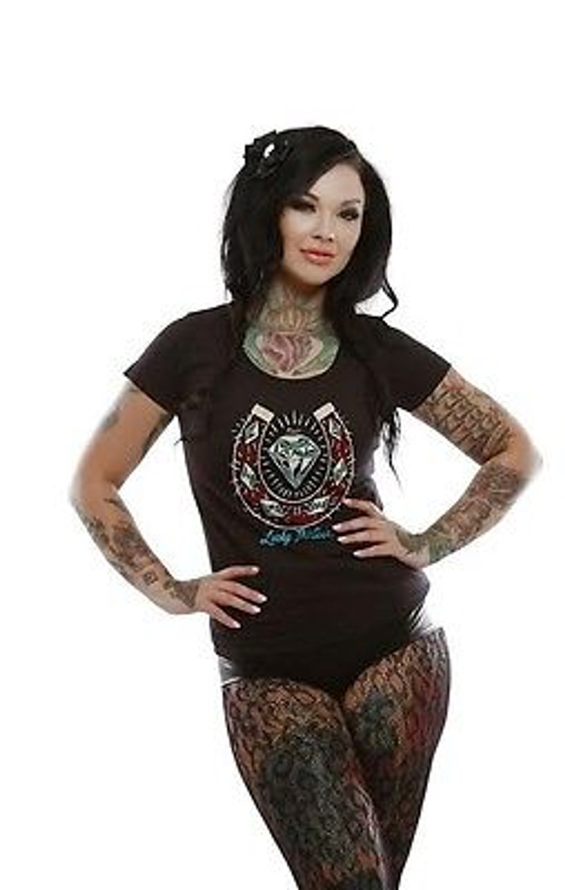 WOMENS LUCKY 13 BONE CORSET SCOOP NECK PUNK TATTOO GOTH SHIRT S M L XL XXL