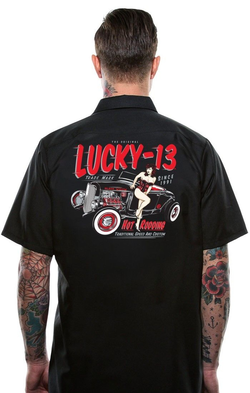 Lucky 13 Lola Biker Punk Rock Pin Up Girl Tattoo Gothic Mens Work Shirt ...