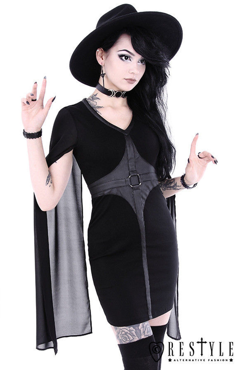 Restyle Cape Dress O-Rings Goth Rocker Emo Punk Womens Pencil Gothic ...