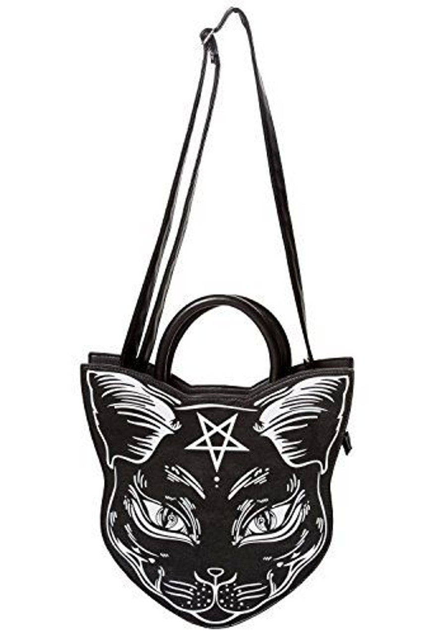Lost Queen Nemesis Cat Head Gothic Punk Witch Crossbody Purse Bag BG7213BLK Fearless Apparel