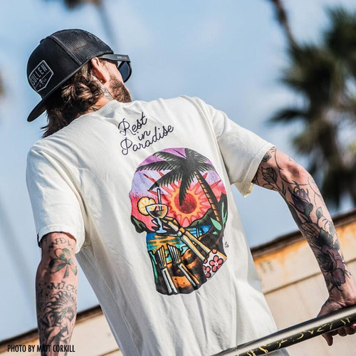 Sullen Art Clothing Paradise Skull Palm Trees Beach Tattoos Tee Shirt ...