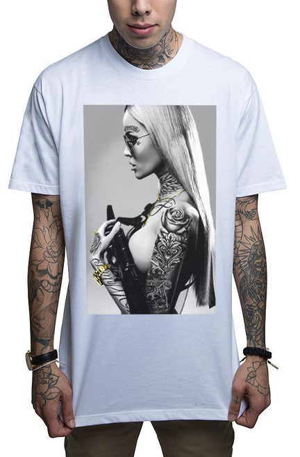 Mafioso Atomic Blonde Tattooed Sexy Woman Urban White Guns Ink Men's Tee Shirt Mafioso Atomic Blonde Tattooed Sexy Woman Urban White Guns Ink Men's Tee Shirt