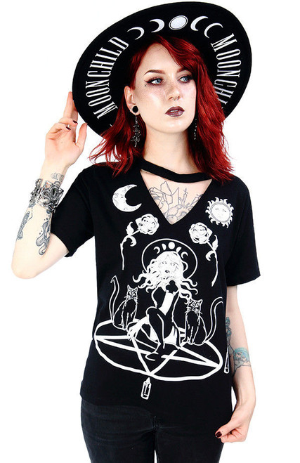 Restyle Witch Cats Choker Pentagram Roses Moon Gothic Punk Emo T