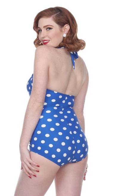 Esther Williams Classic Sheath Blue Polka Dot Pinup Retro Swimsuit One Piece Fearless Apparel