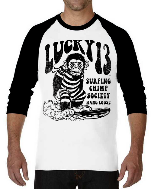 Lucky 13 Surfing Chimp Smoking Beach Waves Board Monkey Raglan T Shirt LM1250SC Lucky 13 Surfing Chimp Smoking Beach Waves Board Monkey Raglan T Shirt LM1250SC