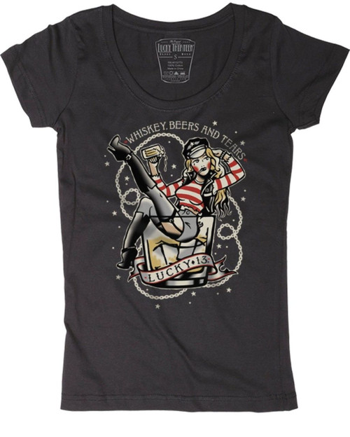 Lucky 13 Whiskey Beer and Tears Tattoos Rockabilly Scoop Neck T Shirt LW1140WB Lucky 13 Whiskey Beer and Tears Tattoos Rockabilly Scoop Neck T Shirt LW1140WB
