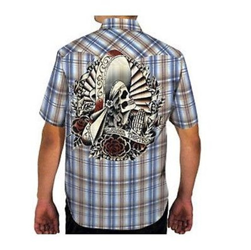 Lucky 13 Suerte Western Plaid Skull Punk Button Down S/S Shirt M Lucky 13 Suerte Western Plaid Skull Punk Button Down S/S Shirt M