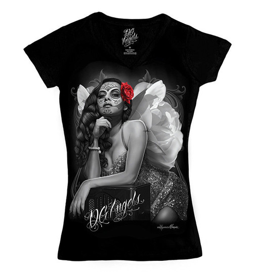 DGA David Gonzales Art Angel Baby Sexy Woman Sugar Skull Punk V Neck T Shirt DGA David Gonzales Art Angel Baby Sexy Woman Sugar Skull Punk V Neck T Shirt