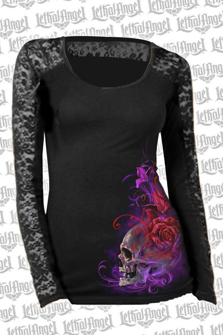 Lethal Angel Purple Haze Lace Skull Floral Roses Goth Long Sleeve Shirt LA20449 Lethal Angel Purple Haze Lace Skull Floral Roses Goth Long Sleeve Shirt LA20449